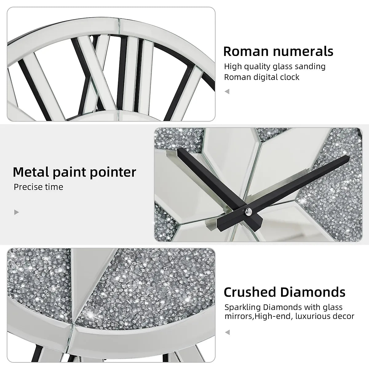 Artloge Crystal Mirror Wall Clock Silver RomanNumerals Home-Furniture Kingdom