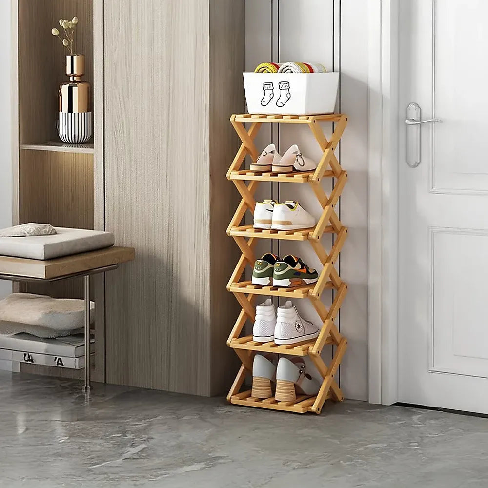 Bamboo Folding Shoe Rack 6 Tier Efficient Hallway Storage-Furniture Kingdom