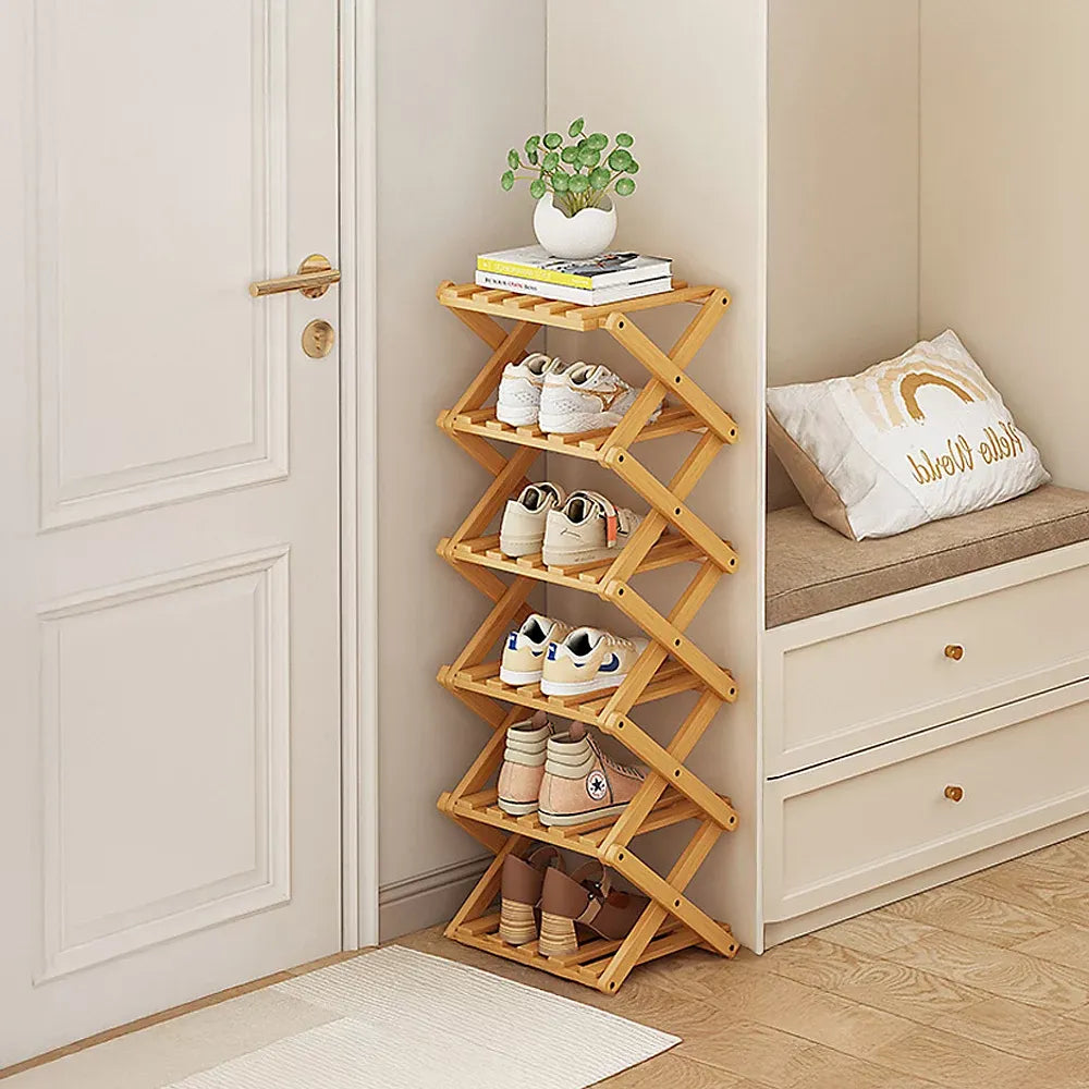 Bamboo Folding Shoe Rack 6 Tier Efficient Hallway Storage-Furniture Kingdom