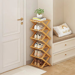 Bamboo Folding Shoe Rack 6 Tier Efficient Hallway Storage-Furniture Kingdom