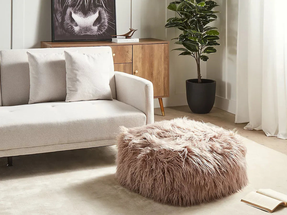Beliani Boho Faux Fur Pouffe Mukki Taupe Cozy Living Room-Furniture Kingdom