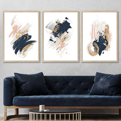 Bold Navy Pink Gold Abstract Wall Art Set Of 3 For Home-Furniture Kingdom