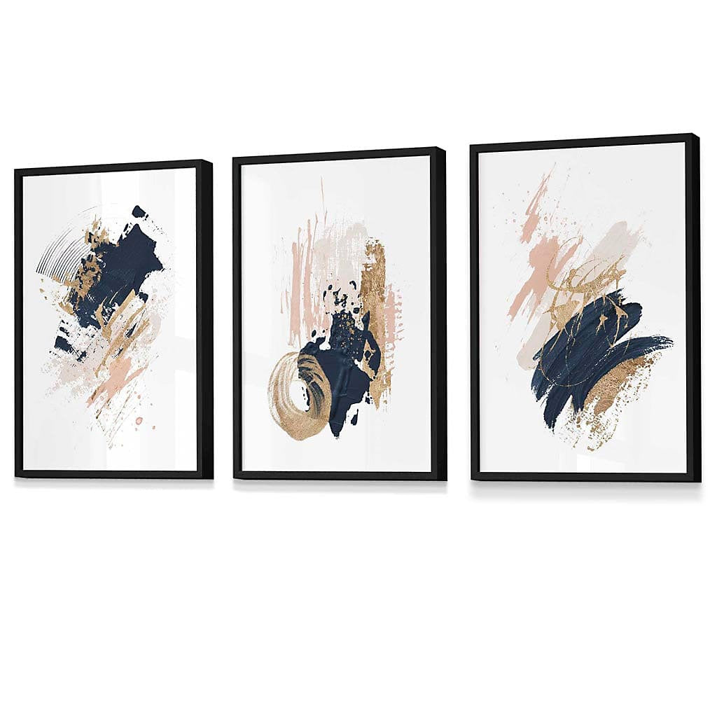 Bold Navy Pink Gold Abstract Wall Art Set Of 3 For Home-Furniture Kingdom