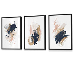 Bold Navy Pink Gold Abstract Wall Art Set Of 3 For Home-Furniture Kingdom
