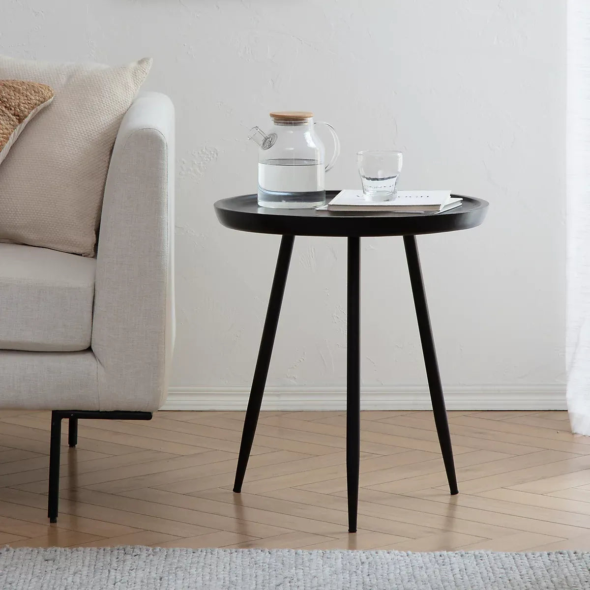 Chervey Solid Wood Side Table Living Room Black Metal Legs-Furniture Kingdom