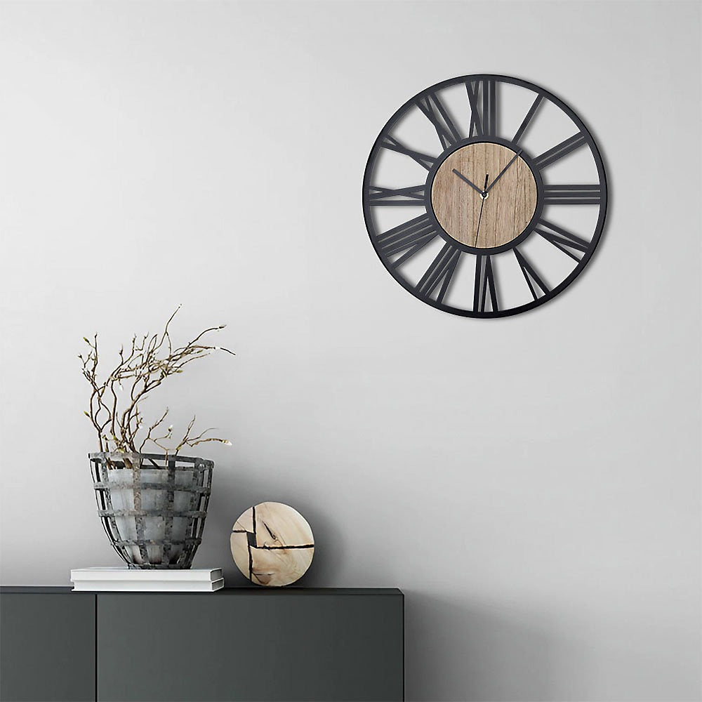 Livingandhome Metal Wood Wall Clock Roman Numerals For Home-Furniture Kingdom