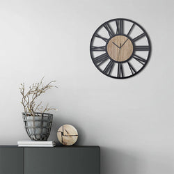 Livingandhome Metal Wood Wall Clock Roman Numerals For Home-Furniture Kingdom