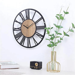 Livingandhome Metal Wood Wall Clock Roman Numerals For Home-Furniture Kingdom