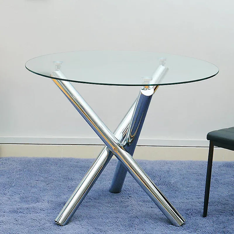 Modern Round Glass Dining Table Chrome Cross Base For Four-Furniture Kingdom