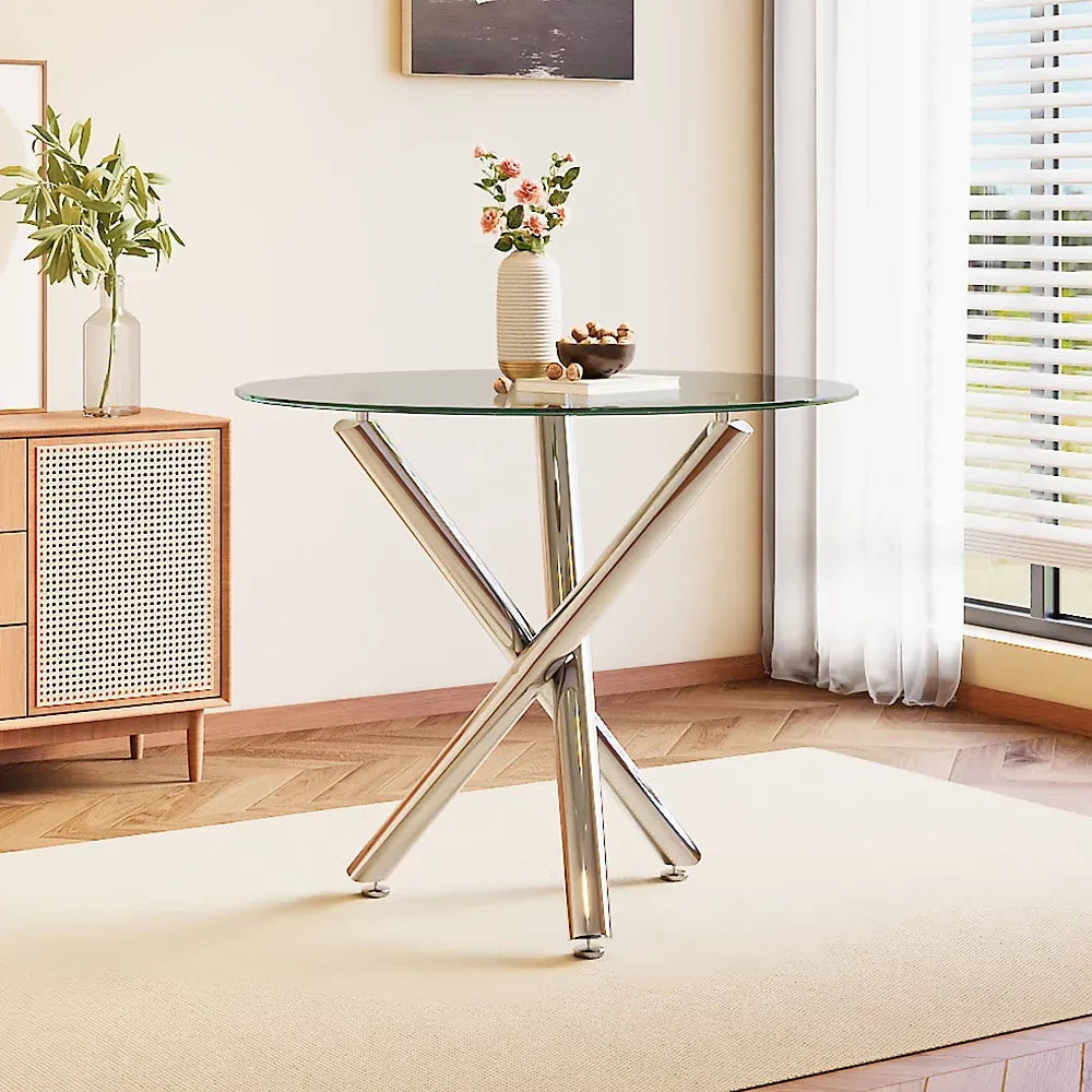 Modern Round Glass Dining Table Chrome Cross Base For Four-Furniture Kingdom