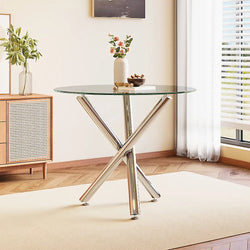 Modern Round Glass Dining Table Chrome Cross Base For Four-Furniture Kingdom