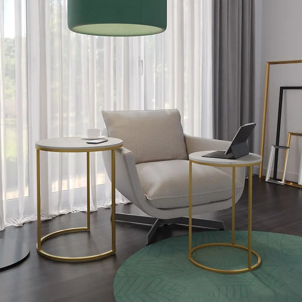 Urbnliving Marble Wood Top Nesting Tables Gold Legs Set Home-Furniture Kingdom
