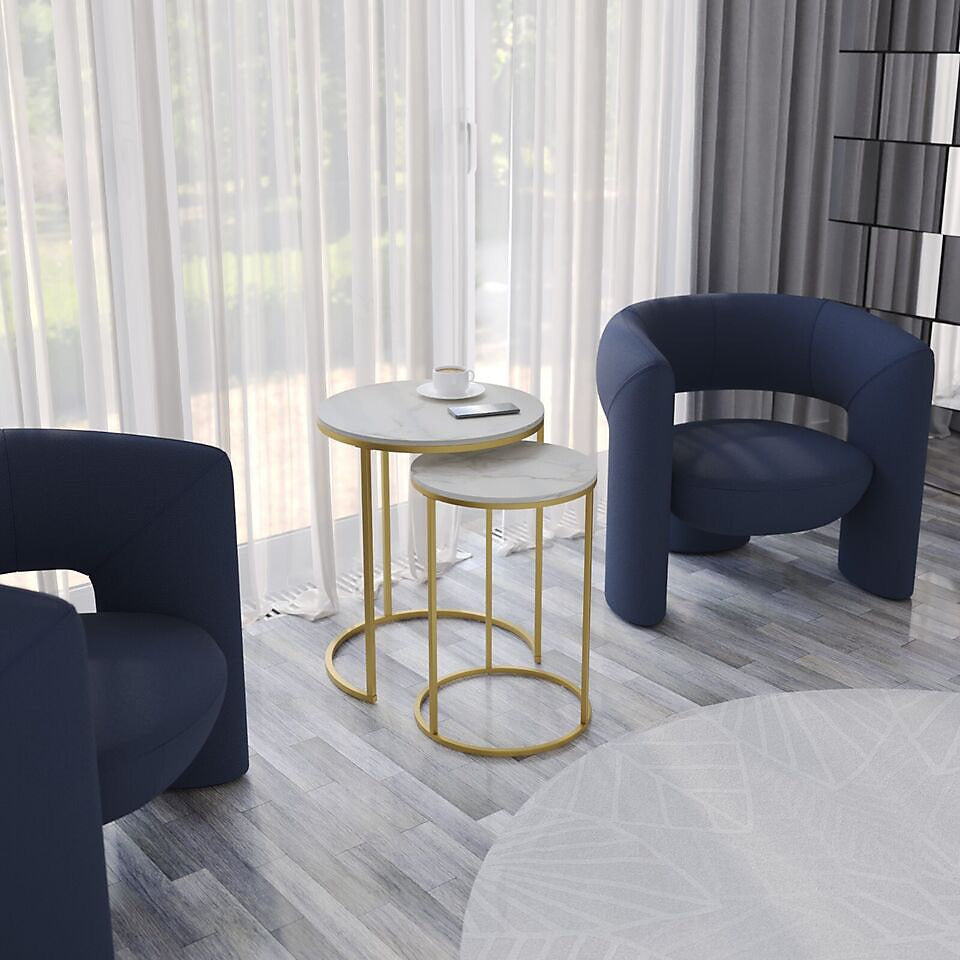 Urbnliving Marble Wood Top Nesting Tables Gold Legs Set Home-Furniture Kingdom