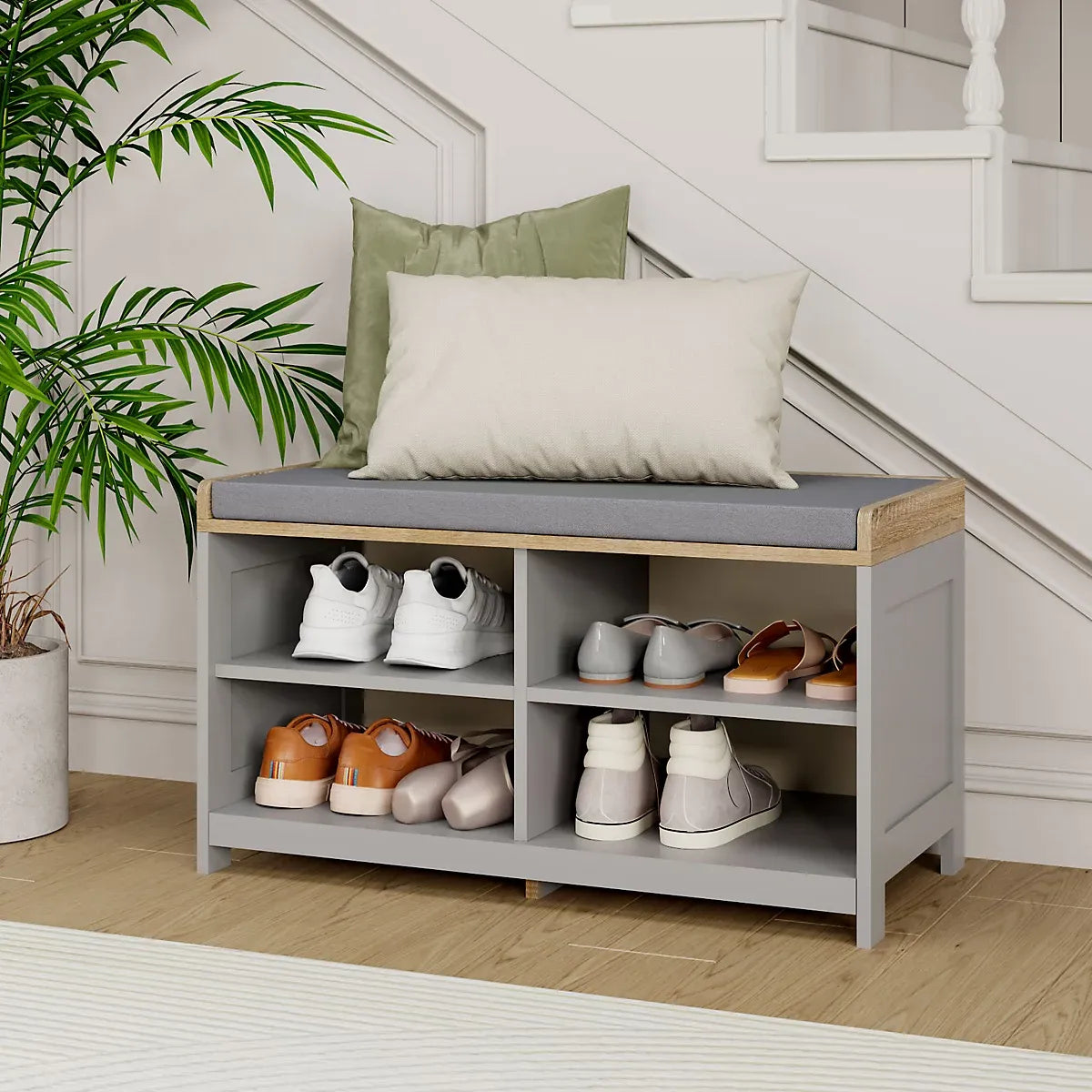 VonHaus Shoe Storage Bench With Padded Seat Grey Entryway-Furniture Kingdom